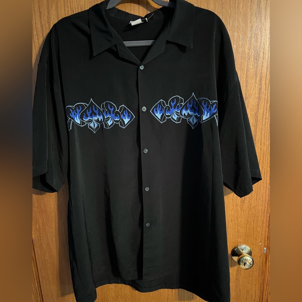 Vintage SAGA men’s button down shirt black with embroidered blue fire 2X‎